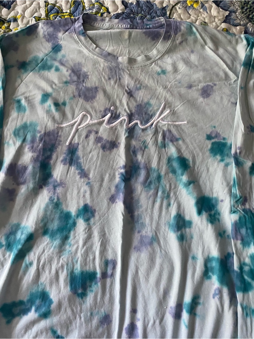 PINK Victoria's Secret Light Blue Tie-Dye Crewneck Tee with Embroidered Logo